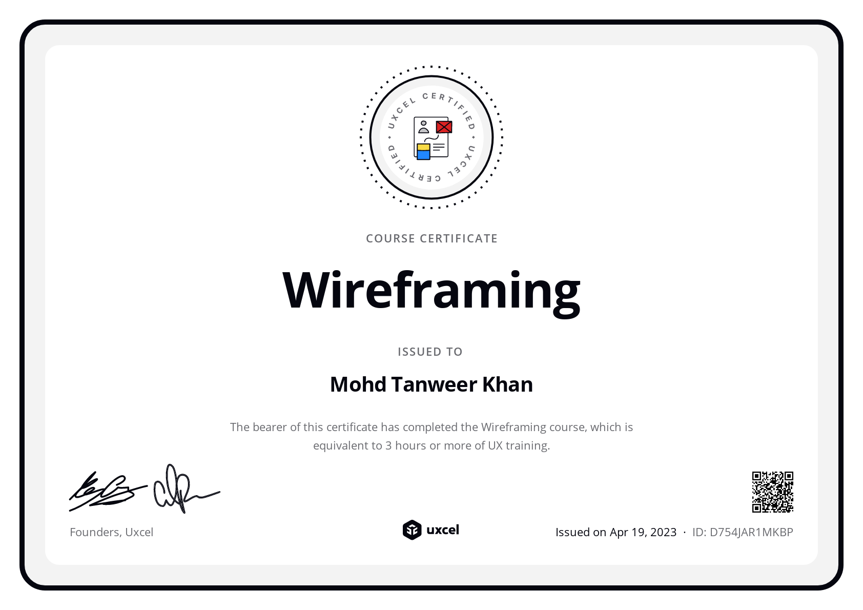 Mohd Tanweer Khan's certificate